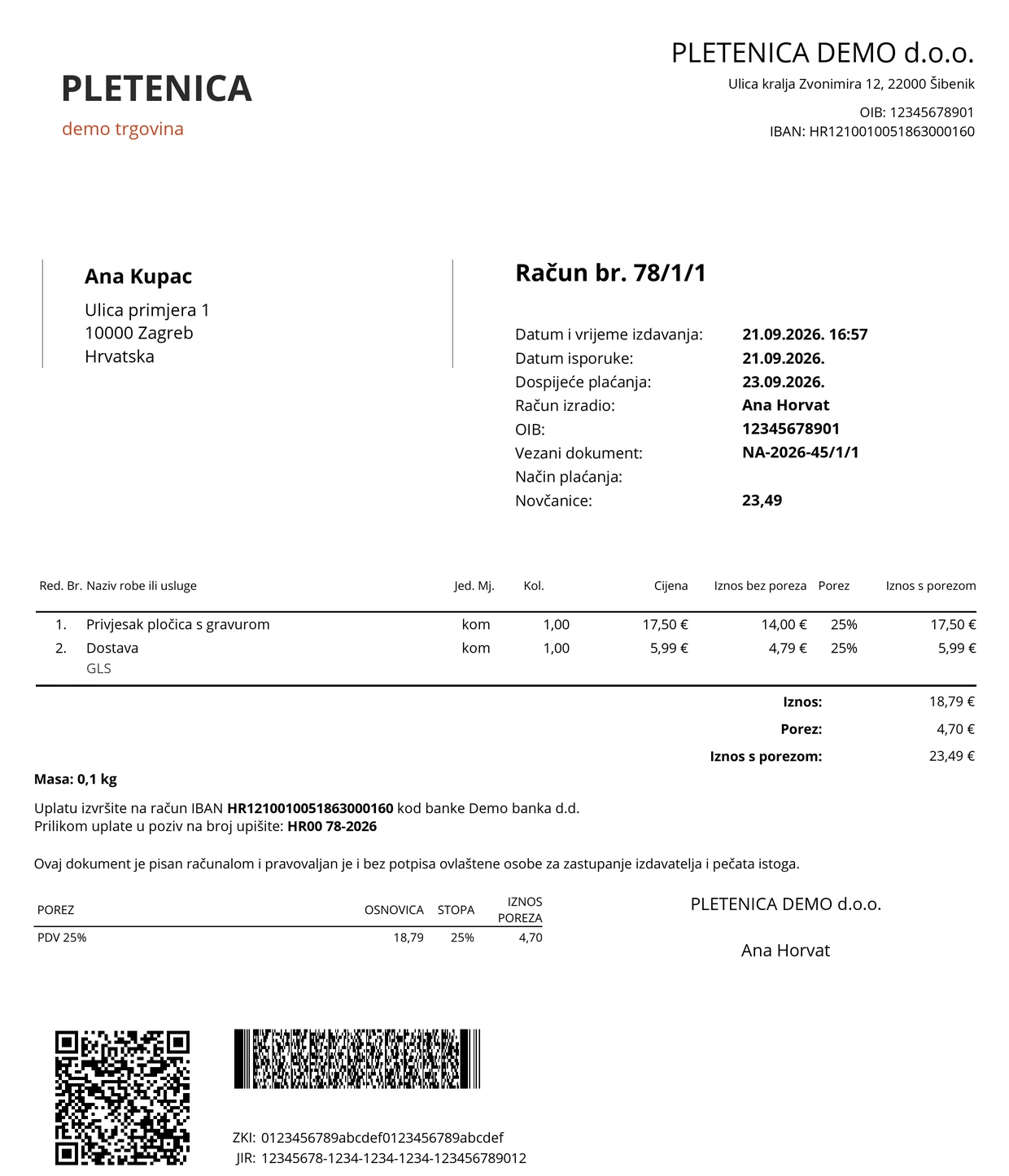 Fiskalizirani račun za narudžbu iz webshopa s demo podacima: vezani dokument narudžbe, plaćanje novčanicama kod pouzeća, stavke s PDV-om, ZKI, JIR i QR kod za provjeru računa