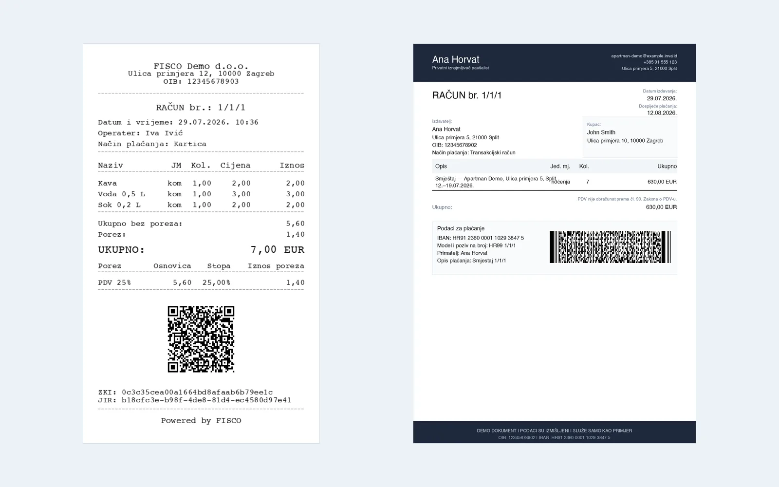 Primjer računa za iznajmljivače: POS fiskalni račun i PDF račun