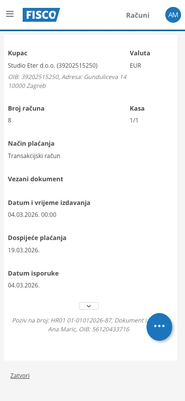 Unos računa s mobitela u FISCO-u